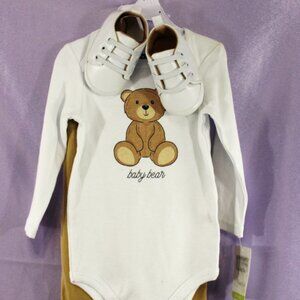 Hudson Baby 3-Piece “Baby Bear” Bodysuit, Pants & Shoes Set – Size 6-9 Months